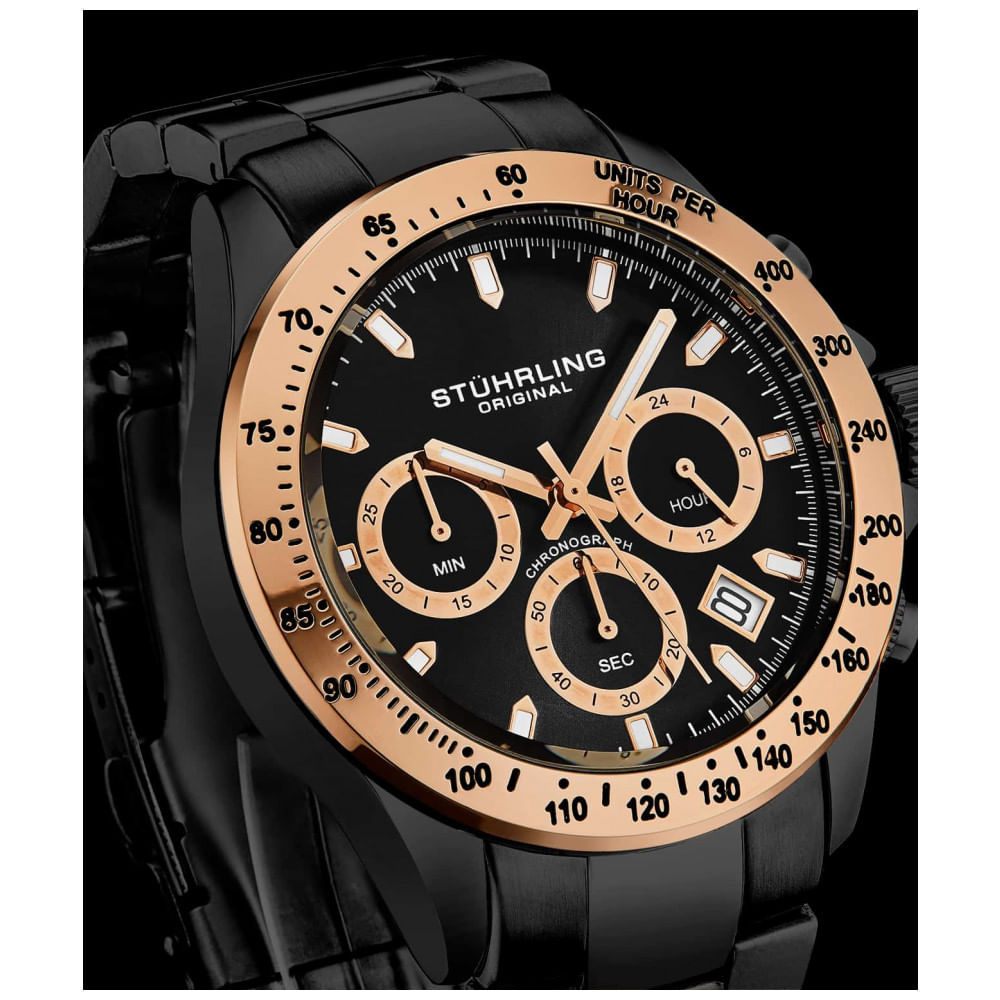 Relogio Masculino Stuhrling Ultima 3960 Quartzo 42mm Com Cronografo, Preto E Ouro Rosa