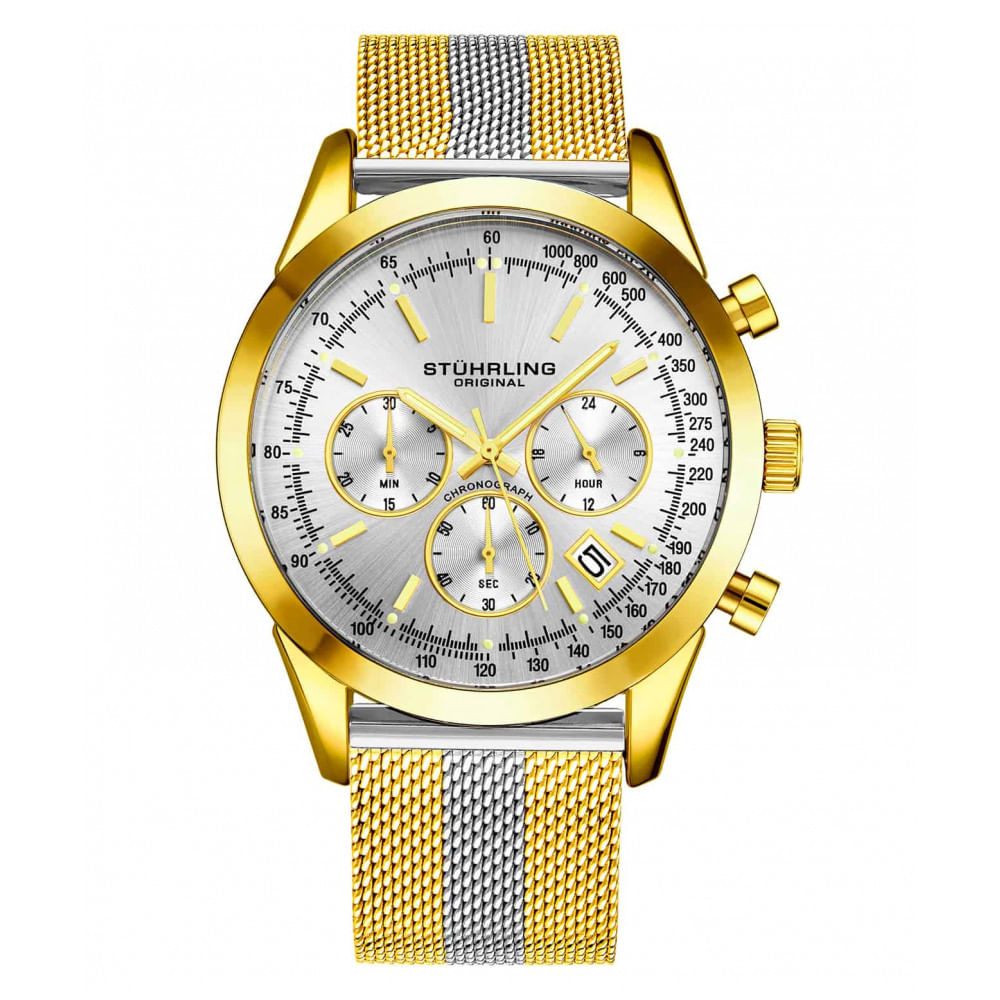 Relogio Masculino Stuhrling Rialto 3975l Quartzo 44mm Com Cronografo, Prata E Dourado