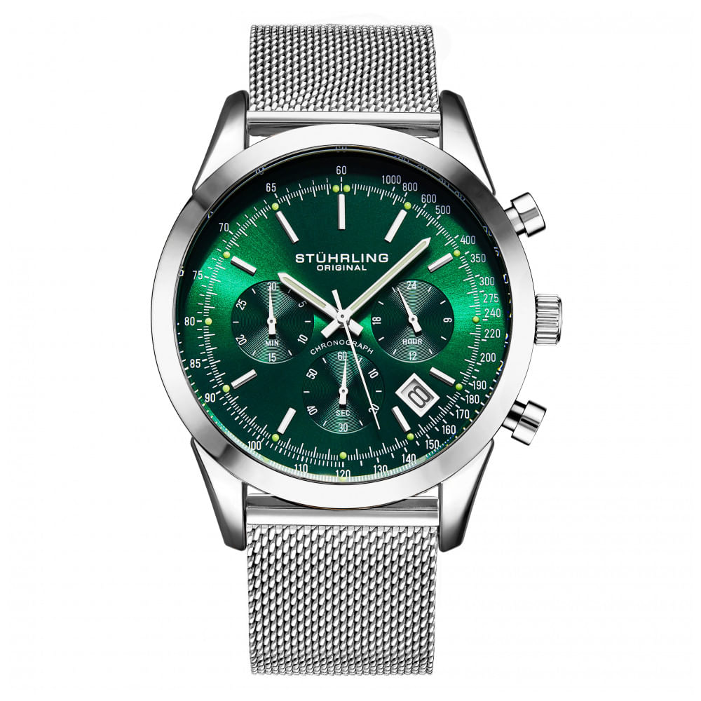 Relogio Masculino Stuhrling Rialto Quartzo 44mm Com Cronografo, Prata E Verde