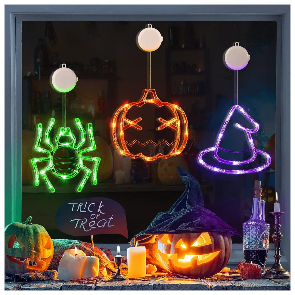 Kit Decoração Interna Para Halloween Led 3 Peças Inclui Abobóra, Chapeu De Bruxa E Aranha, Lolstar