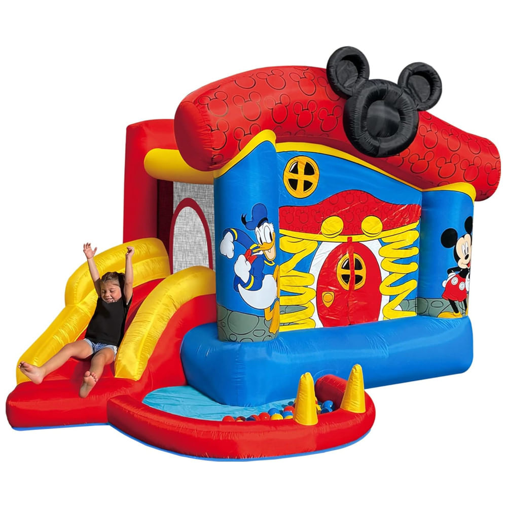 Pula Pula Inflável Com Escorregador E Piscina De Bolinhas Para Crianças, Funormous Disney Mickey Mouse, Colorido