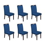 Kit 6 Cadeiras De Jantar Madeira Maciça Castanho Premium Heloísa Veludo Azul - Cor: Azul