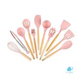 Kit 12 Utensílios De Cozinha Em Silicone E Cabo De Madeira Rosa - Booglee