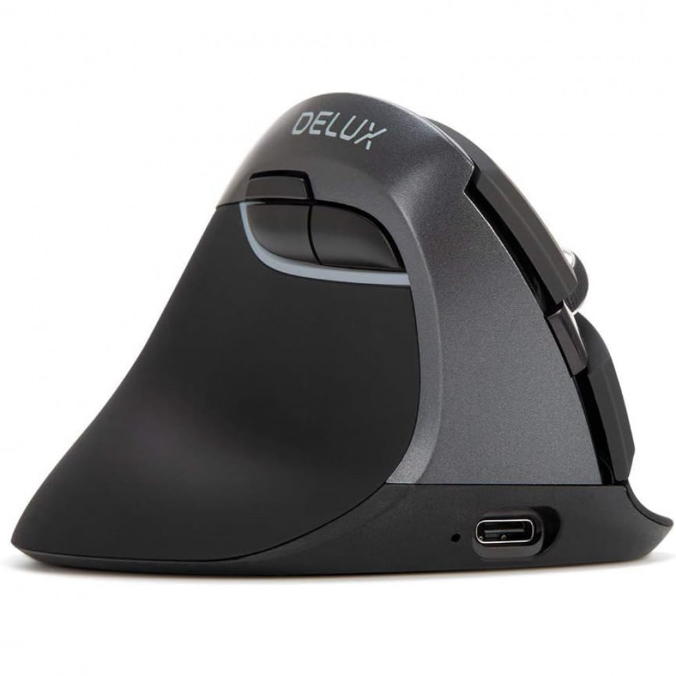 Mouse Ergonomico Vertical Optico Sem Fio Reduz A Tensao Do Pulso Com Rolo Lateral E Botoes Silenciosos, 800, 4000 Dpi, Delux M618zd Iron Grey,