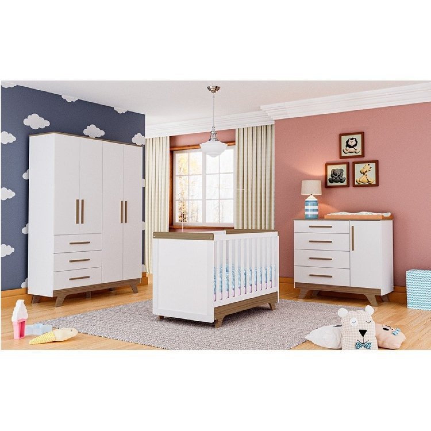 Quarto De Bebê Completo Com Guarda Roupa Cômoda E Berço 100% Mdf Kakau Retrô Espresso Móveis Branco Brilho/carvalho