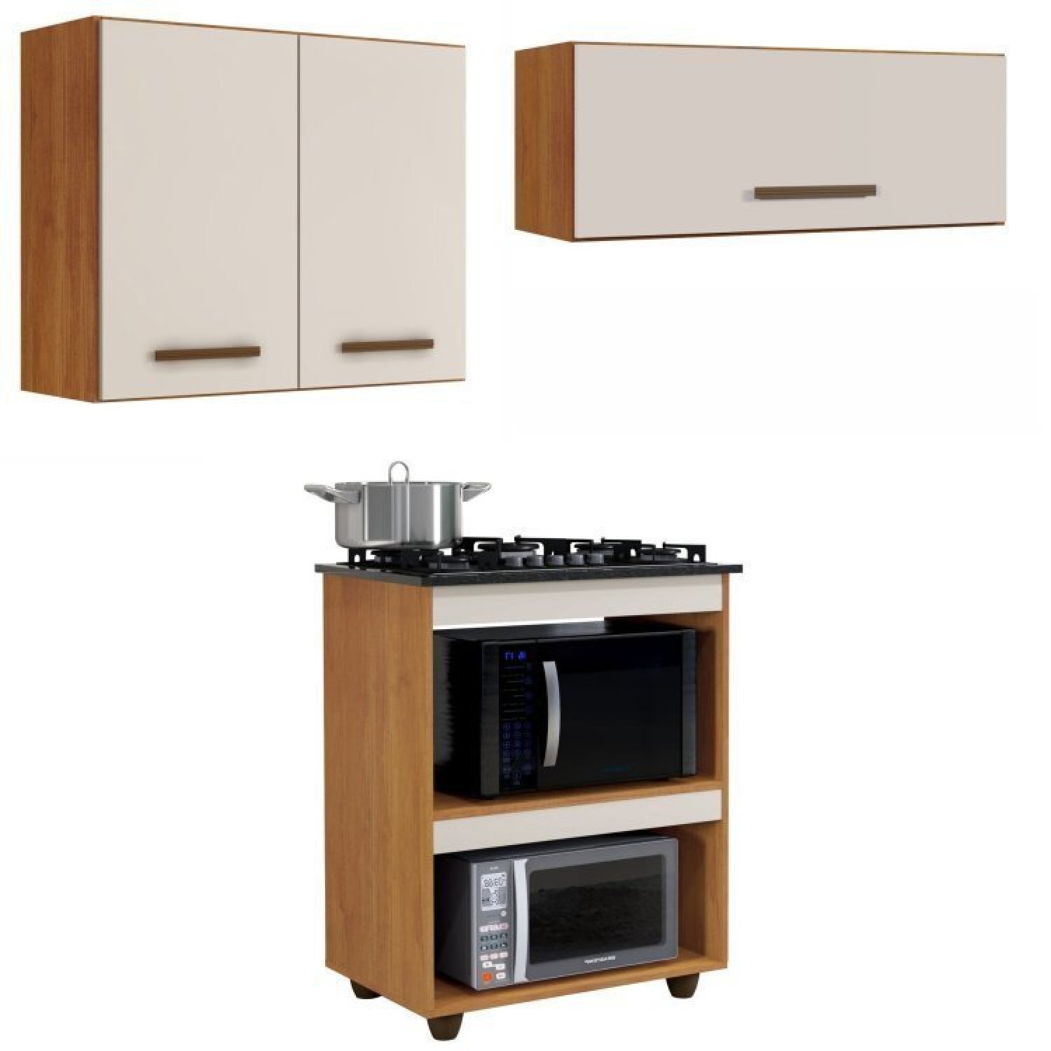 Conjunto Balcão Cooktop 5 Bocas 2 Nichos E 2 Armários Aéreo  Nature/off White