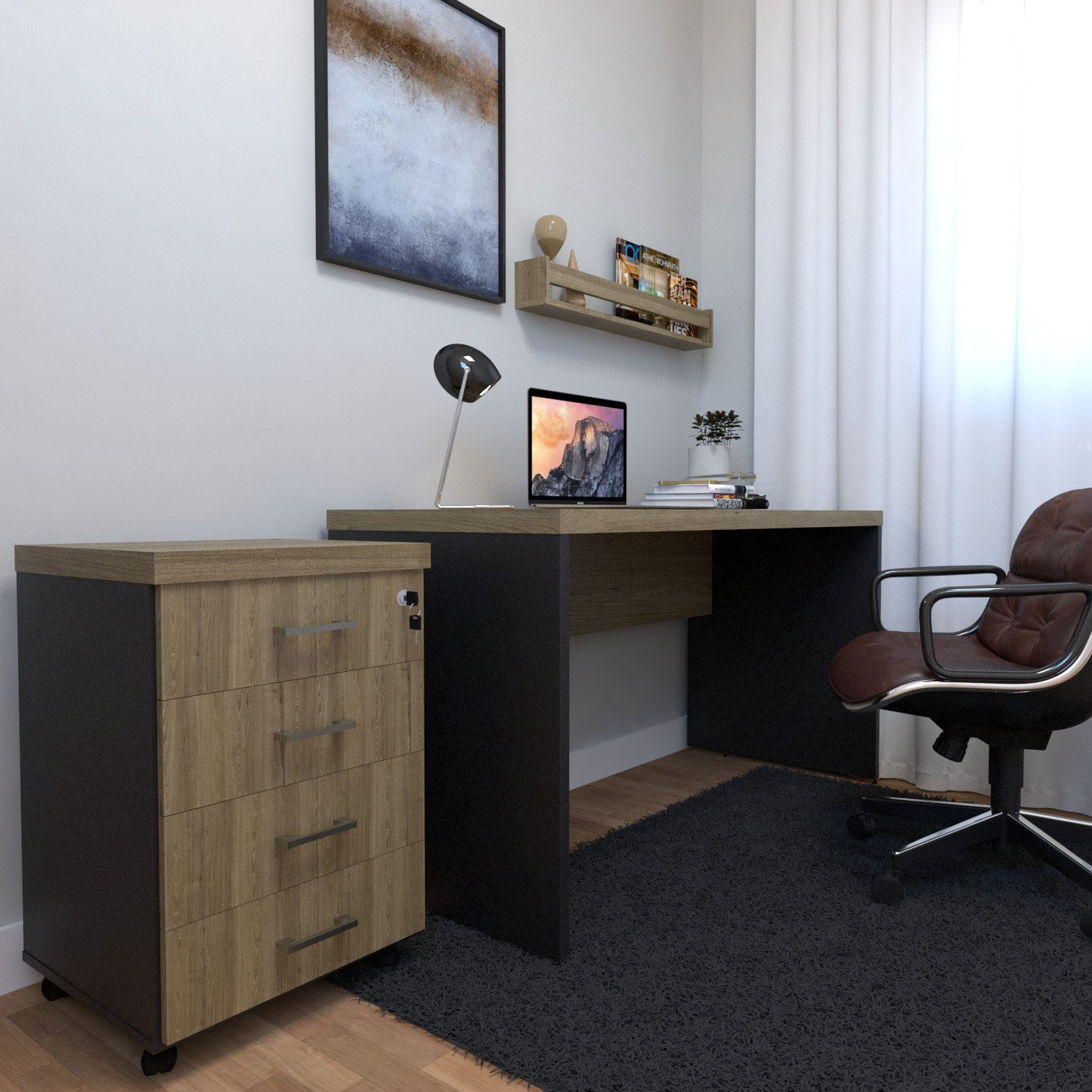 Conjunto Escritório / Home Office Kit Com Mesa, Gaveteiro E Prateleira