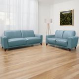 Conjunto De Sofás Decorativos 2 E 3 Lugares Emily Sala De Estar Pés Em Eucalipto Couro Azul Majestic G40 - Gran Belo