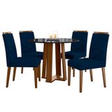 Mesa De Jantar 100x100cm Isabela Com Vidro Imbuia Preto E 4 Cadeiras Caroline Imbuia Veludo Azul Marinho - New Ceval