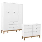 Cômoda 6 Gavetas E Guarda Roupa Unique 4 Portas Branco Soft Eco Wood - Matic