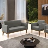 Conjunto Poltrona E Namoradeira Decorativa Pés Fixo Em Madeira Castanho Suede Grafite