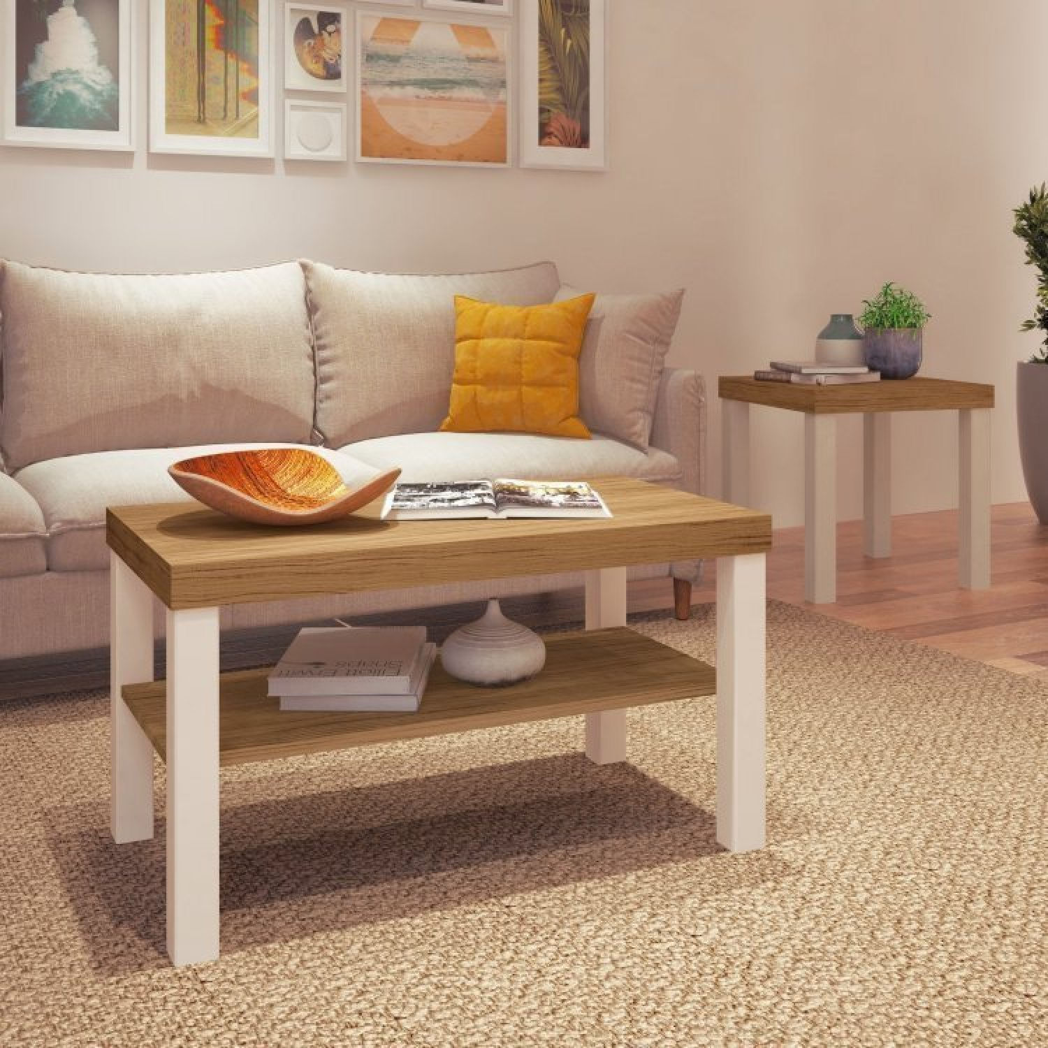 Conjunto Sala De Estar Mesa De Centro E Mesa De Apoio Sky Carvalho/off White