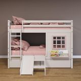 Beliche Infantil Com Janela Gavetas Escorregador E Cortina Madeira Maciça Branco/ Rosa Housin