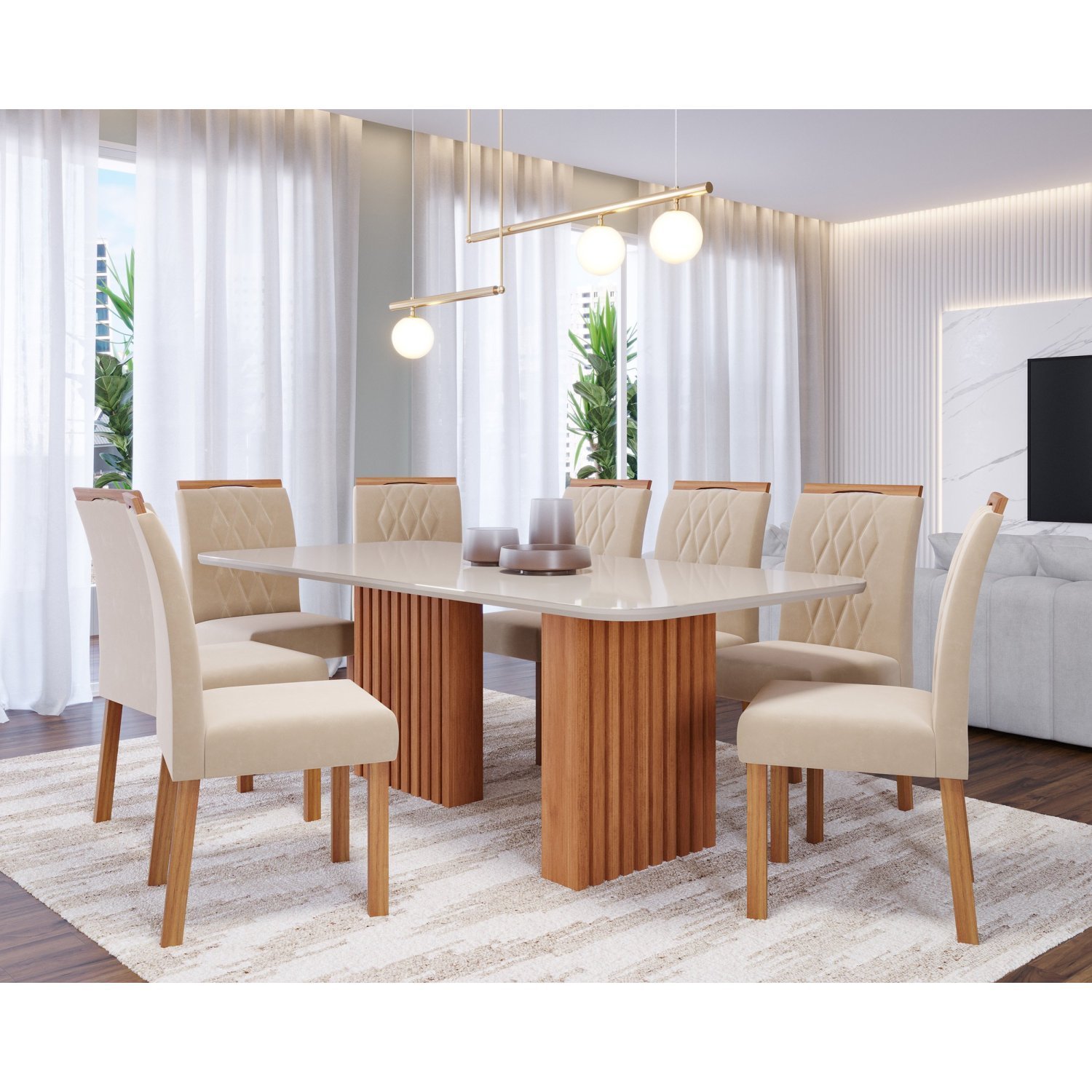 Sala De Jantar Ester 210cm Com 8 Cadeiras Juliana Cinamomo/off White/madeira/nude