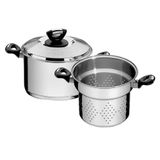 Jogo Cozi-pasta Tramontina Solar Baquelite Em Aço Inox Fundo Triplo Com Alças Baquelite 2 Peças 20cm