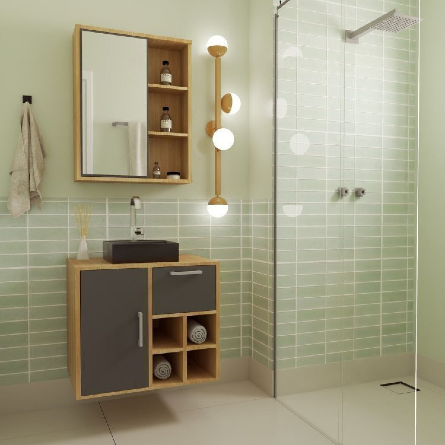 Gabinete De Banheiro Suspenso 68cm Com Balcão 1 Porta 1 Gaveta E Espelheira Com Cuba Pta Mel/grafite