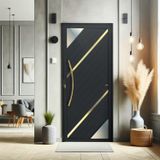 Porta De Aluminio Pivotante Lambril 210x120cm Com Puxador Super Oasis Brimak Preto Dourado