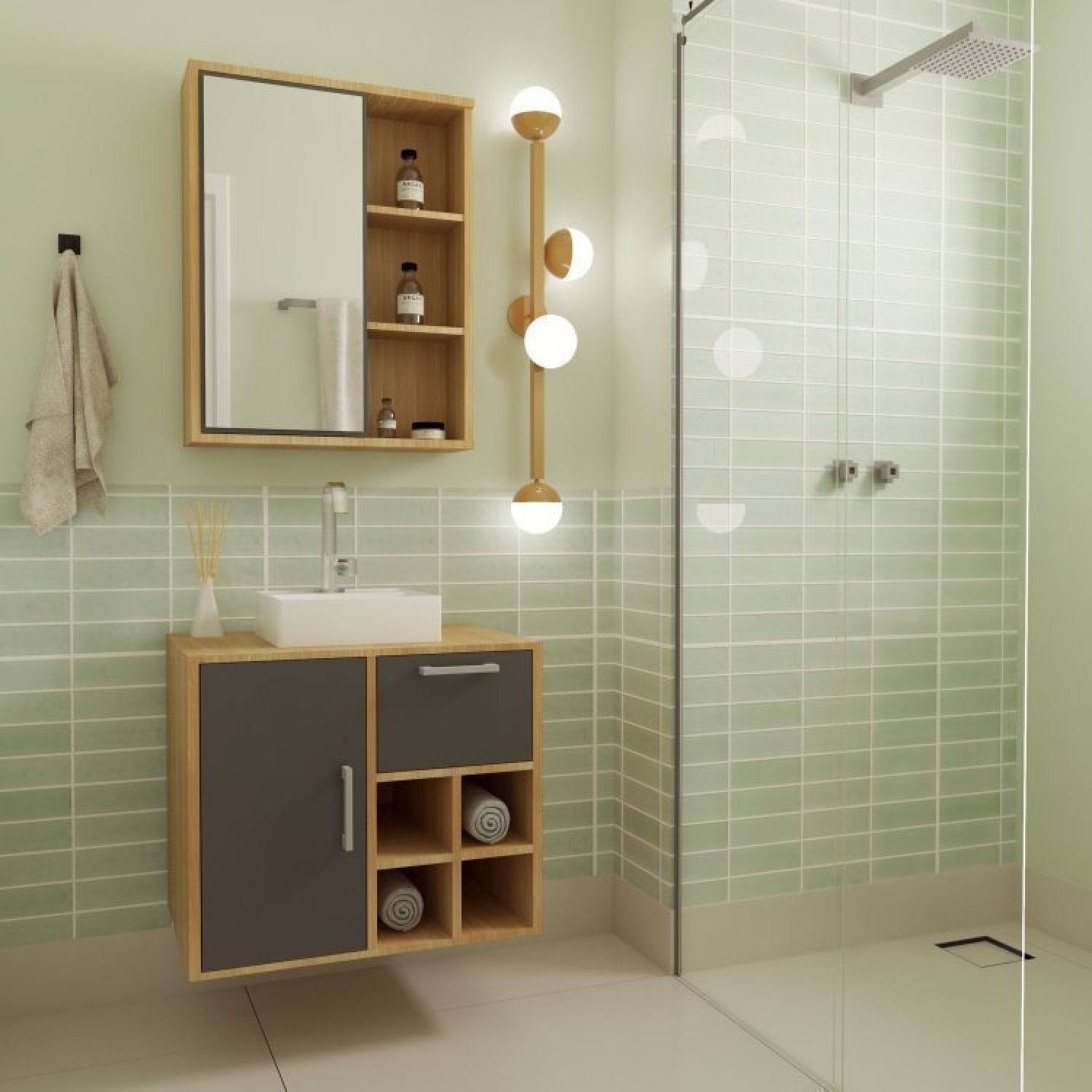 Gabinete De Banheiro Suspenso 68cm Com Balcão 1 Porta 1 Gaveta E Espelheira Sem Cuba Mel/grafite