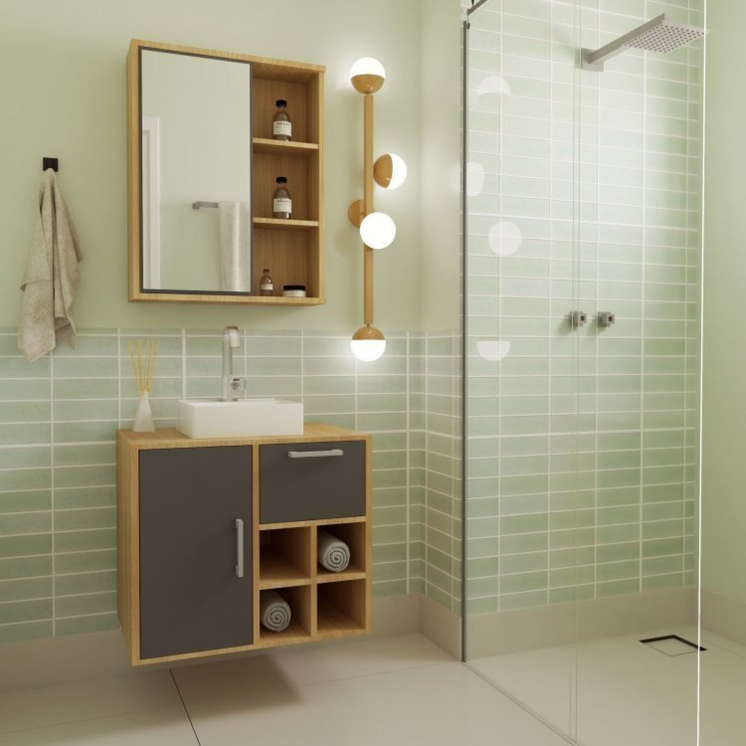 Gabinete De Banheiro Suspenso 68cm Com Balcão 1 Porta 1 Gaveta E Espelheira Com Cuba Br Mel/grafite