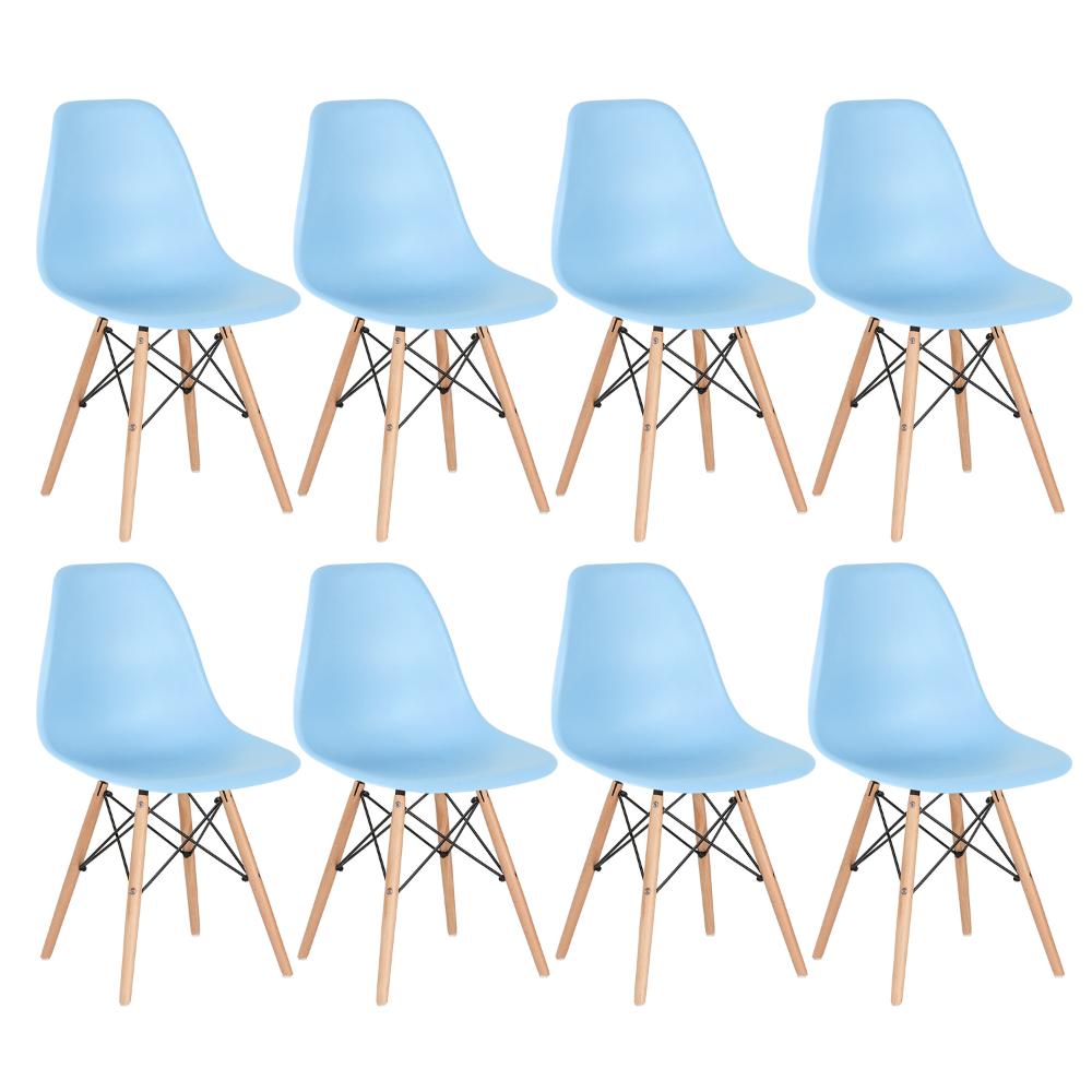 Kit 8 Cadeiras Charles Eames Eiffel Dsw Com Pés De Madeira Clara Azul Claro