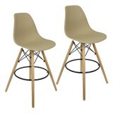 Kit 2 Banquetas Charles Eames Eiffel Wood Design Base Fixa Madeira - Bege