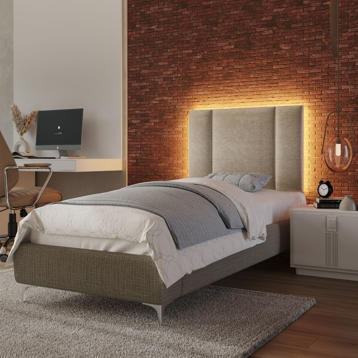 Cabeceira Estofada Cama Box Solteiro Com Led Moderna 90 Cm