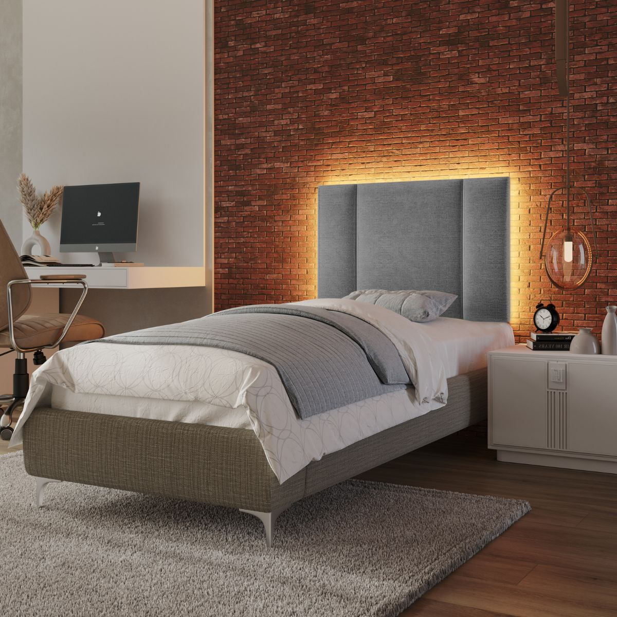 Cabeceira Estofada Cama Box Solteiro Com Led Moderna 90 Cm