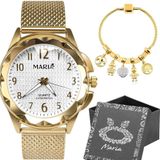 Relogio Feminino Dourado Aço Prova Dagua + Pulseira + Caixa