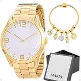 Relogio Feminino Dourado Aço Inox + Pulseira Pandora + Caixa