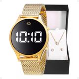 Relogio Feminino Digital Dourado + Caixa Colar Silicone Led