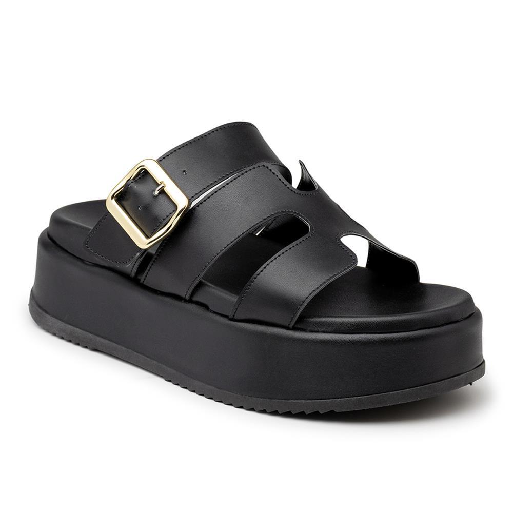 Tamanco Feminino Flatform Tiras Com Fivela Salto Baixo Preto 34