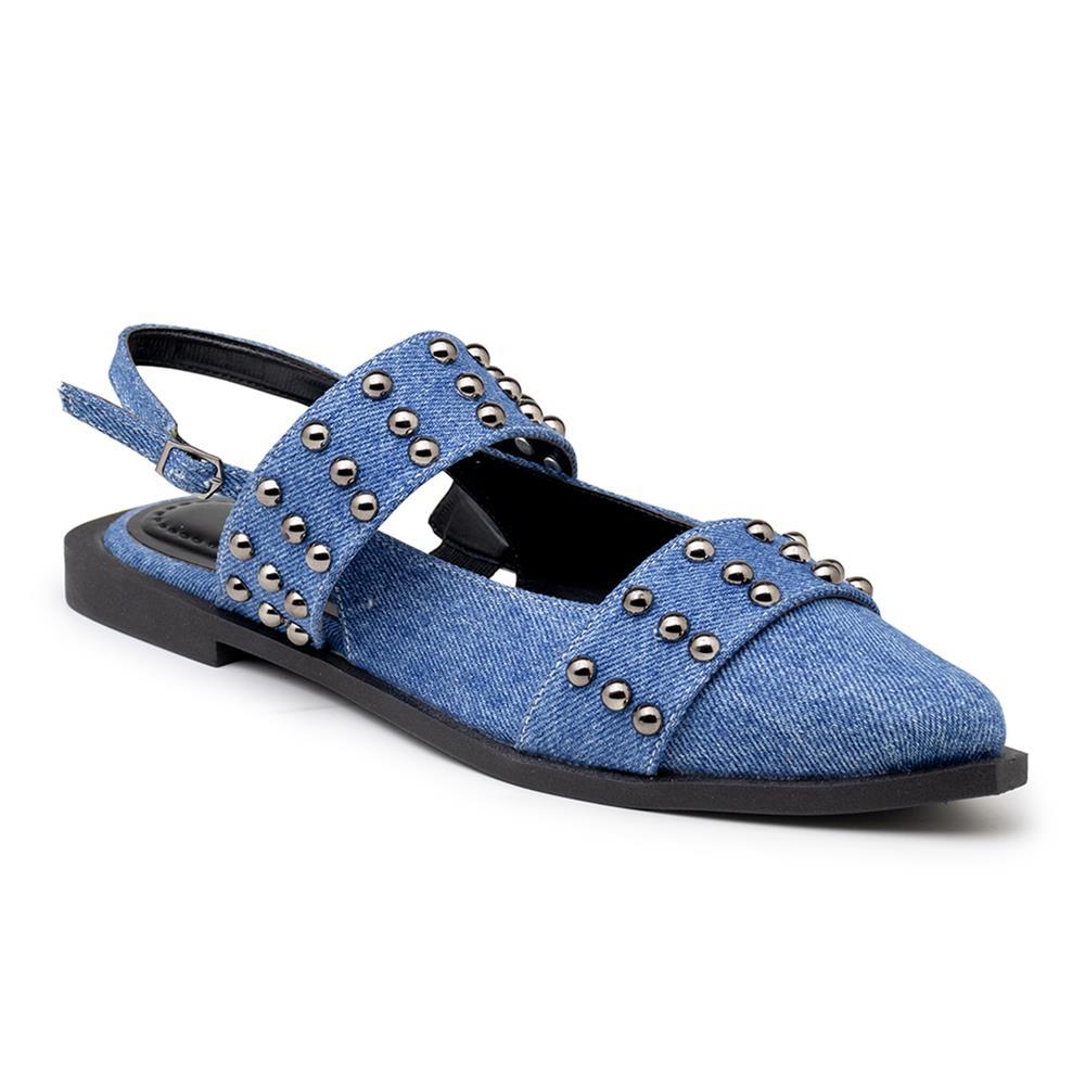 Sapatilha Feminina Bico Fino Ilhós Fivela Slingback Jeans Azul 39