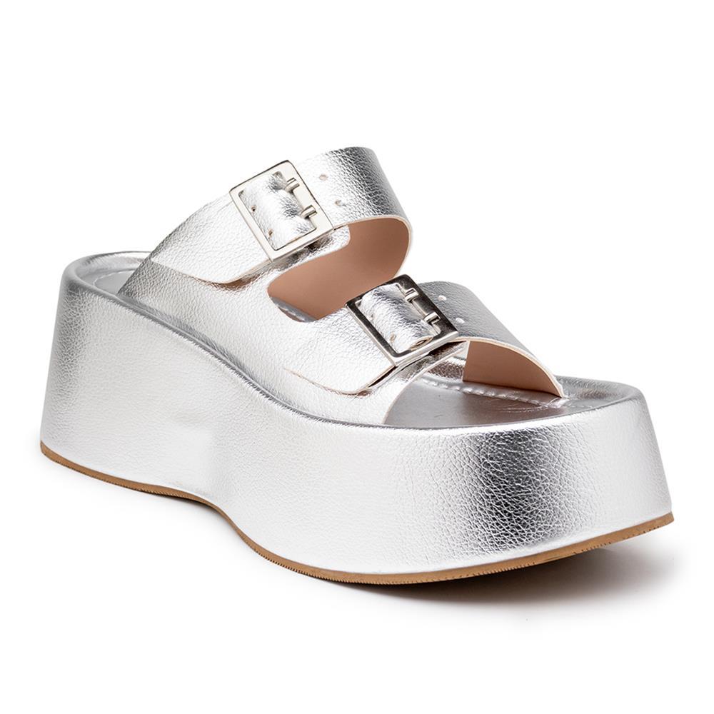 Tamanco Feminino Flatform Tira Dupla Com Fivela Moda Prata 36