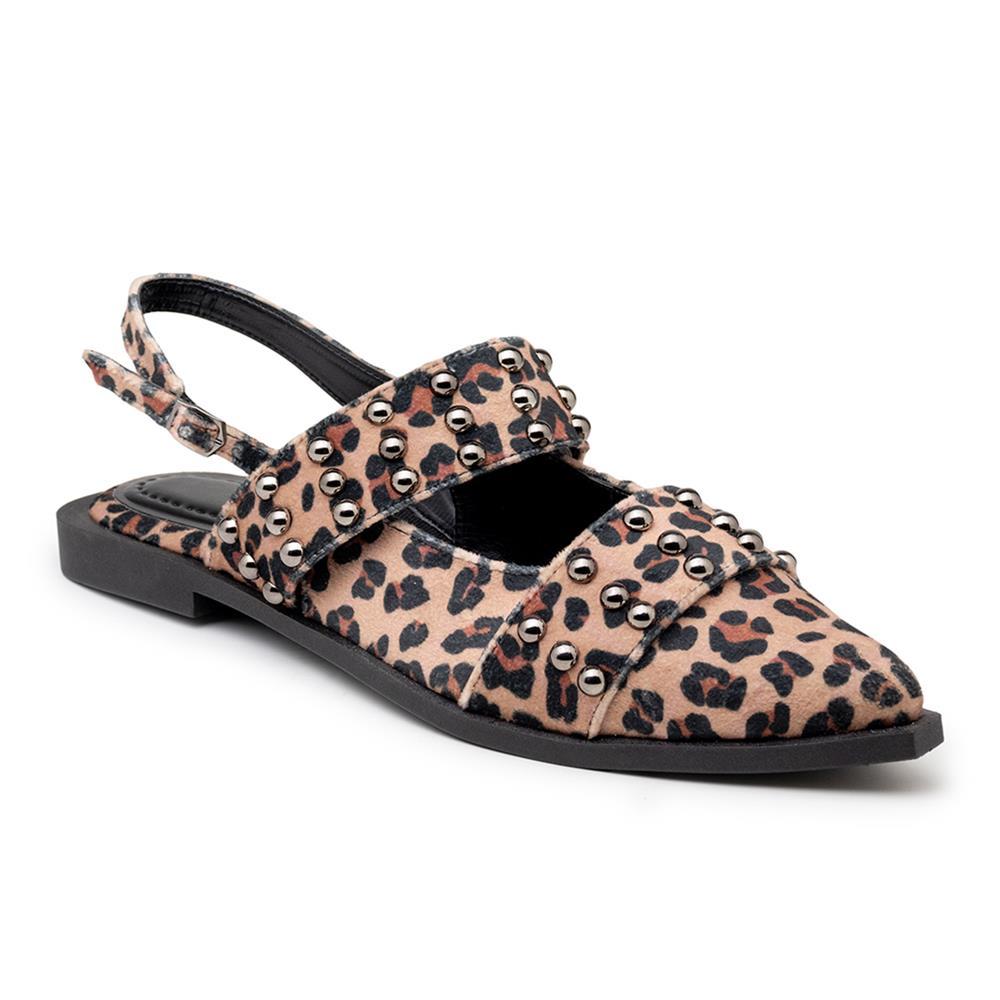 Sapatilha Feminina Bico Fino Ilhós Fivela Slingback Onça Preto 34