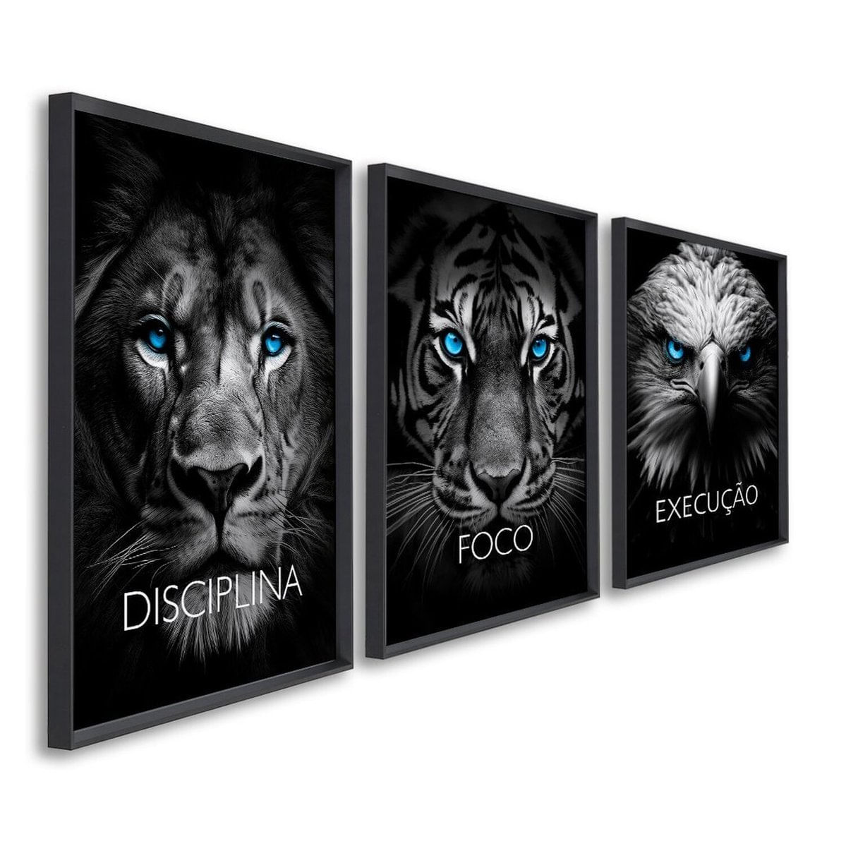 Quadro Decorativo Disciplina Foco Execução 60x90cm Leão Tigre Águia Para Sala, Escritório, Hall Preto