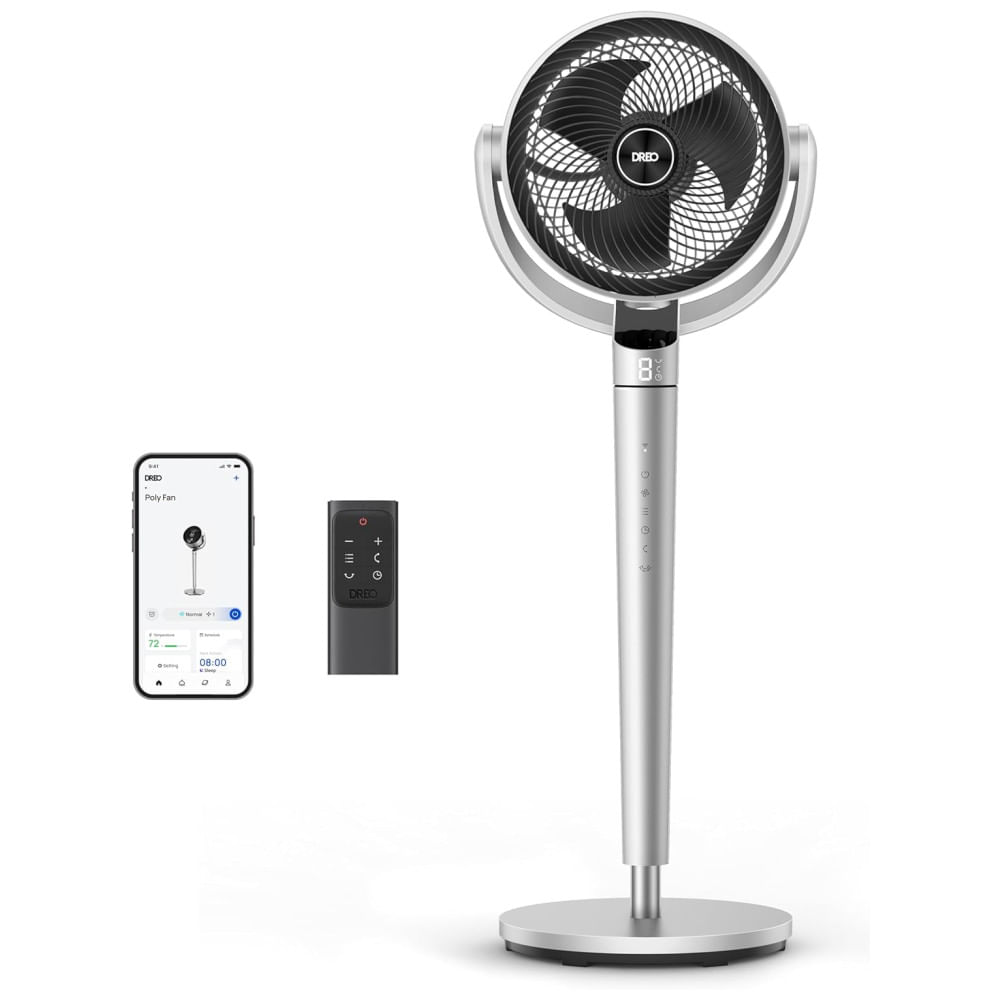 Ventilador Pedestal Com Oscilação Omnidirecionais De 150°+120°, 6 Modos, 9 Velocidades, Temporizador 12h, Controle Remoto E App, 110v, Dreo, Prata