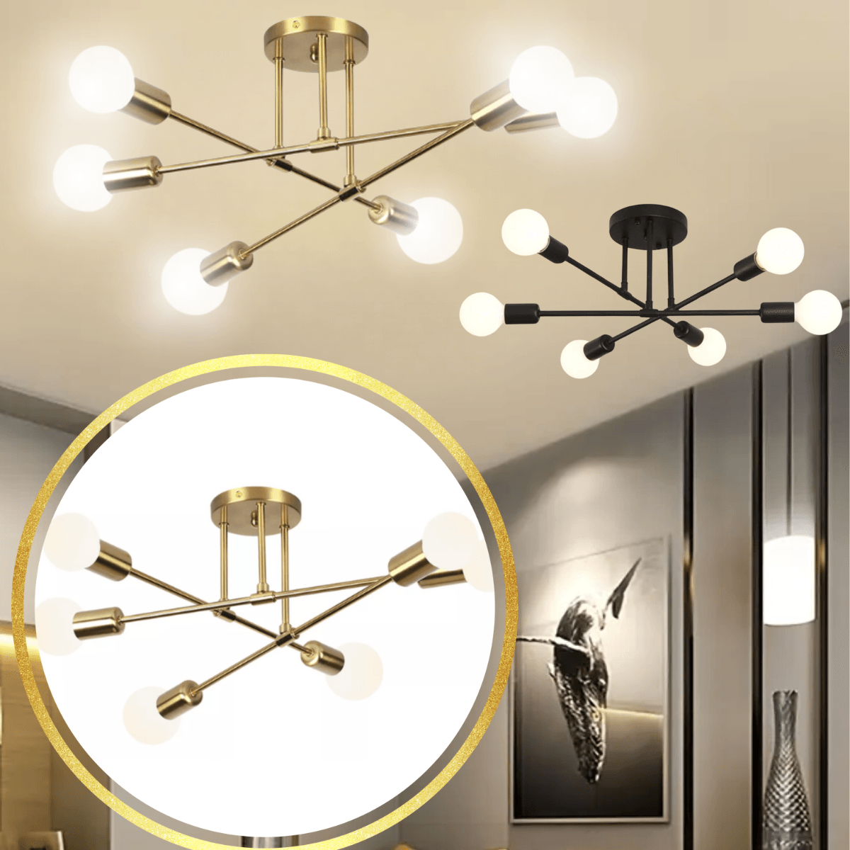 Luminária Lustre 51,5cm Sputnik 6 Lâmpadas E27 Teto Plafon Metal Bivolt Gimpo Kjdd-e-498-6-pai