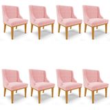 Kit 8 Cadeiras Estofadas Para Sala De Jantar Base Fixa De Madeira Castanho Lia Suede Rosa Bebê - Ibi