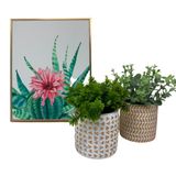 Kit decorativo quadro floral e 2 vasos de cerâmica rose gold