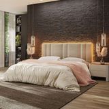 Cabeceira Estofada Cama Casal King Size Led Moderna 200 Cm Cor:linho Bege