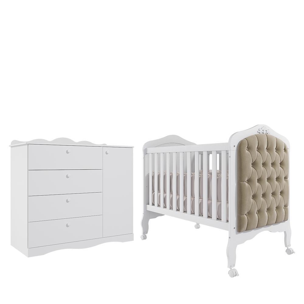 Jogo De Quarto Infantil Cômoda Encanto E Berço Harmonia Branco Com Capitonê - Permóbili Baby