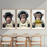 Quadro Decorativo Macacos 3 Telas 40x60cm Para Quarto Sala Escritório Branco