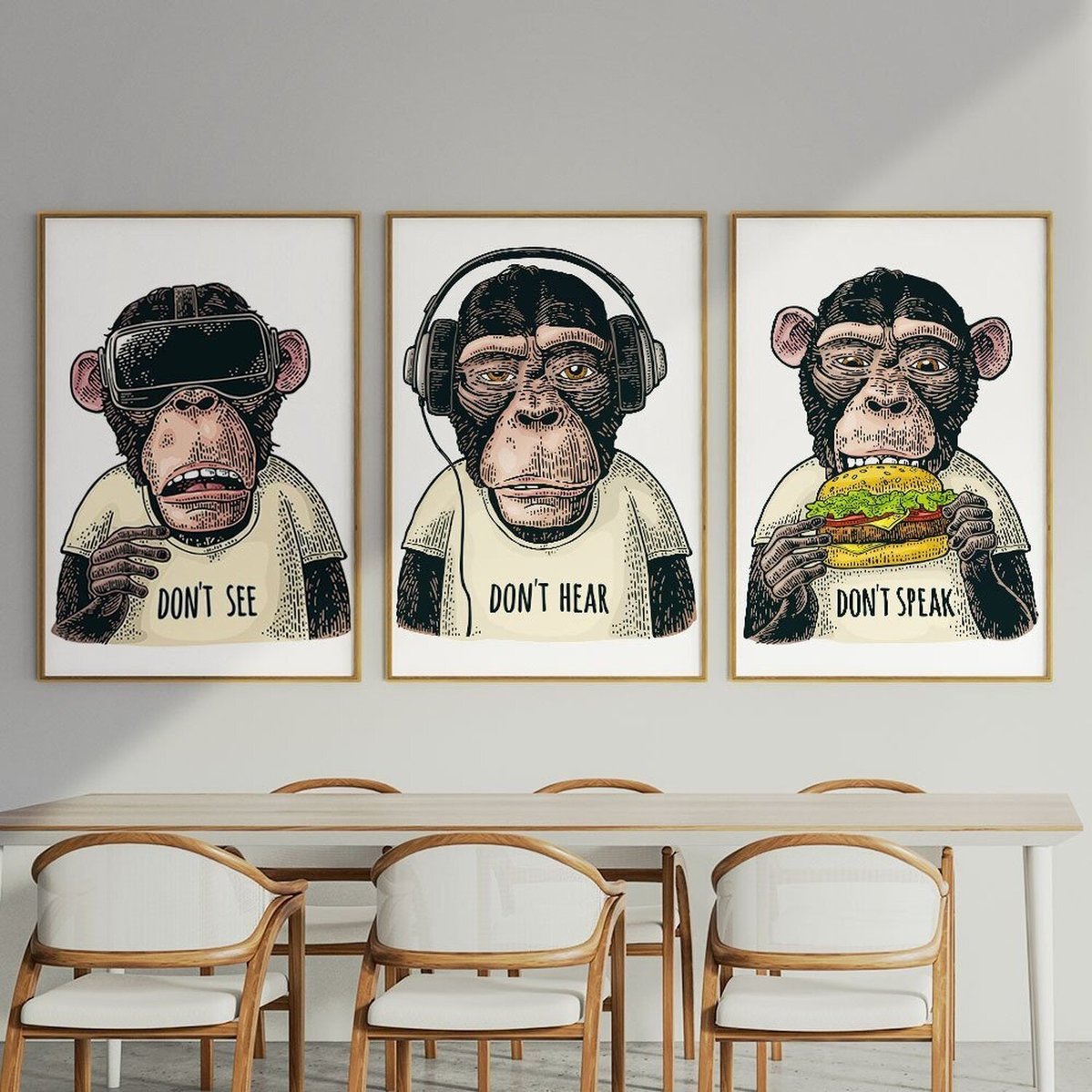 Quadro Decorativo Macacos 3 Telas 40x60cm Para Quarto Sala Escritório Branco