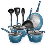 Conjunto De Panelas E Frigideiras Antiaderentes Em Aluminio Com Utensilios, 11 Pecas, Nutrichef, Azul Royal