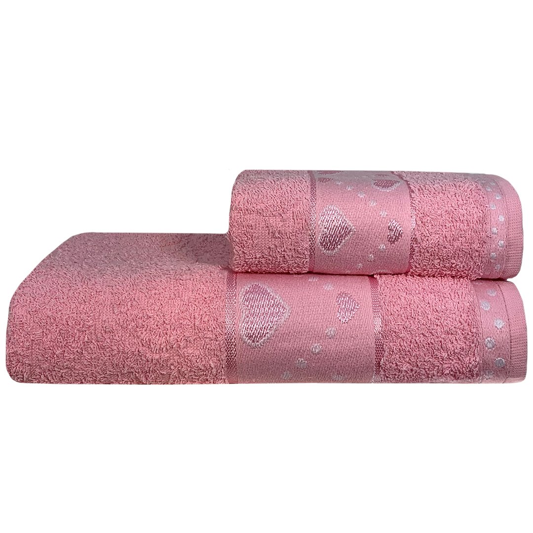 Jogo De Toalhas 2 Peças Jacquard 360g/m² - Coraçôes Rosa Bebê