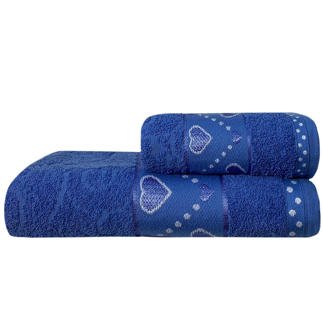 Jogo De Toalhas 2 Peças Jacquard 360g/m² - Coraçôes Azul Anil