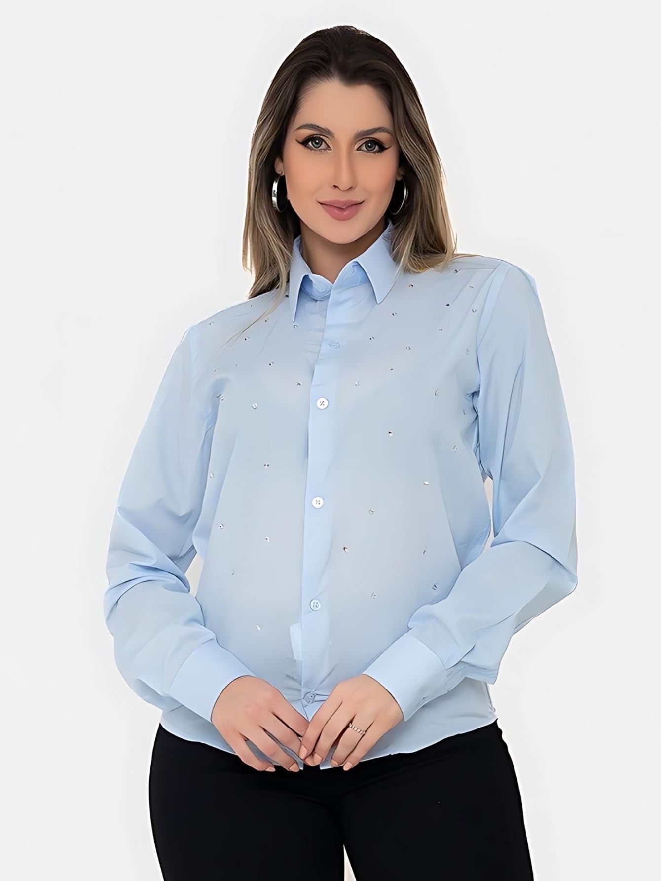 Camisa Social Feminina Manga Longa Slim Azul Bebê Com Strass