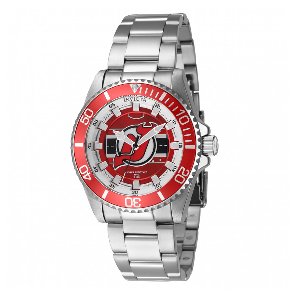 Relógio Feminino Nhl New Jersey Devils Com Pulseira Em Aço Inoxidável, Invicta Zg42221, Prata E Vermelho