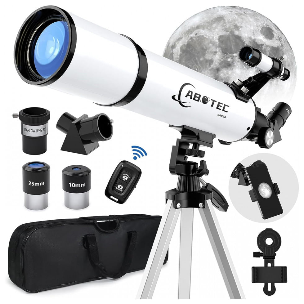 Telescópio Astronômico 20x150 Com Adaptador De Celular, Controle Remoto, Tripé E Bolsa Para Transporte, Abotec, Branco