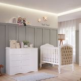 Quarto De Bebê 2 Peças Com Berço Capitonê Cômoda 4 Gavetas Aquarella Espresso Móveis Branco